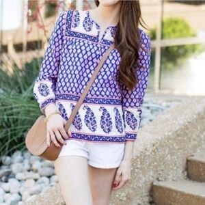 J. Crew Mixed Paisley Print‎ Popover Blouse Red White Blue 6